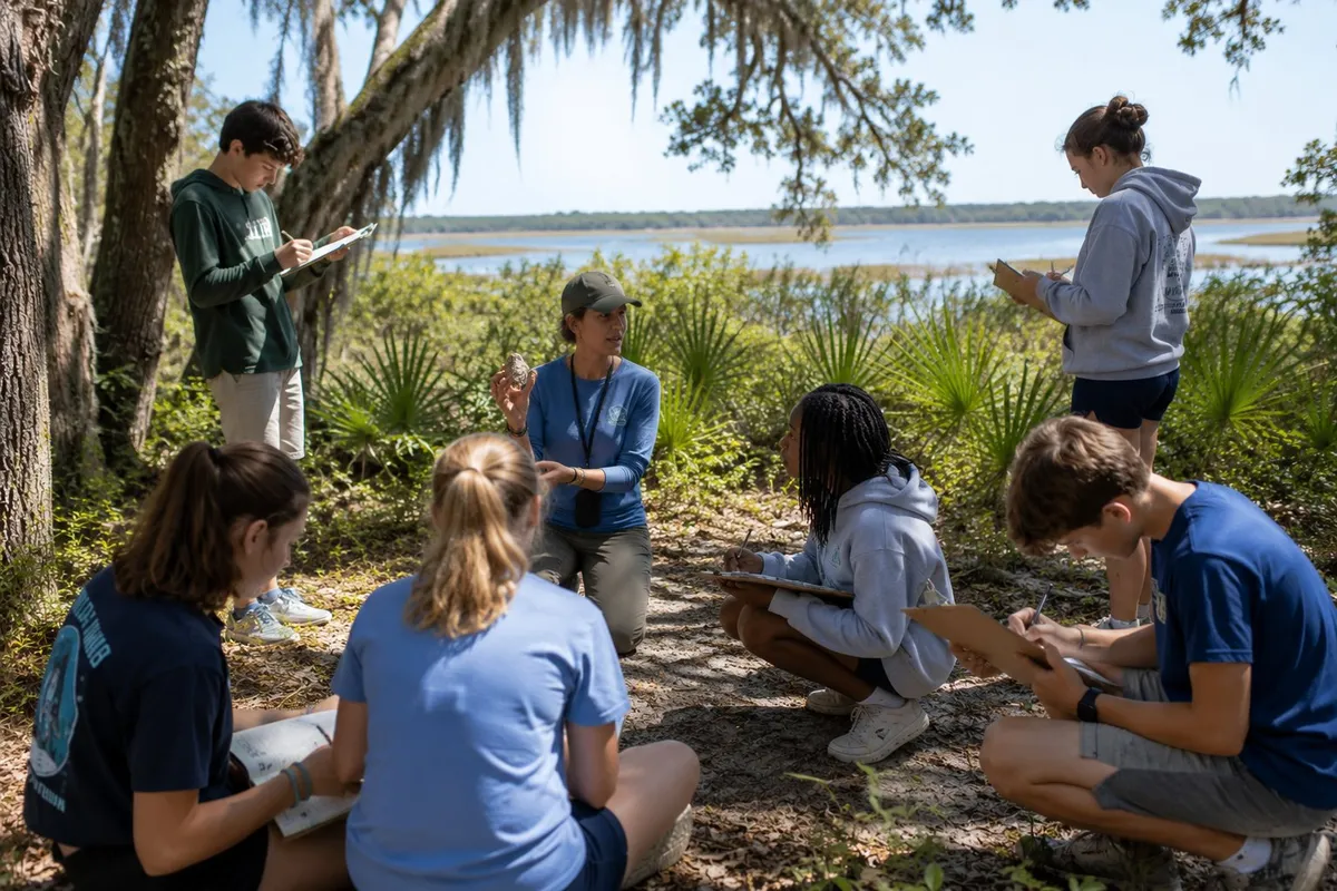Students and an instructor learning outdoors near the marsh