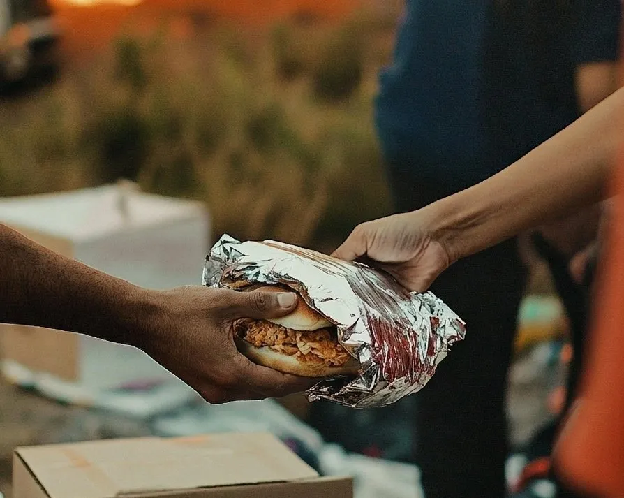 Volunteers handing off a wrapped meal during hurricane recovery